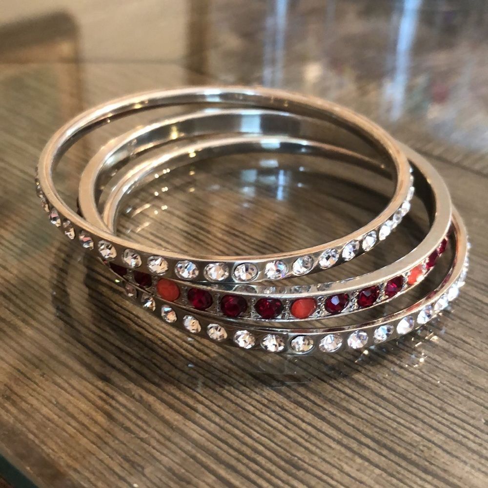 Liz Claiborne Rhinestone Bangles Silver Tone